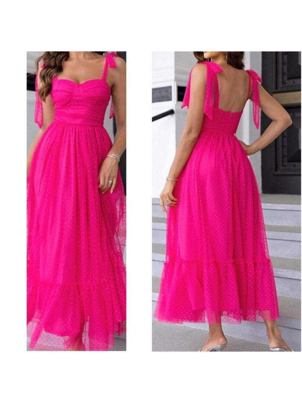 Classic Hot Pink Swiss Dot Formal Party Wedding Maxi Dress